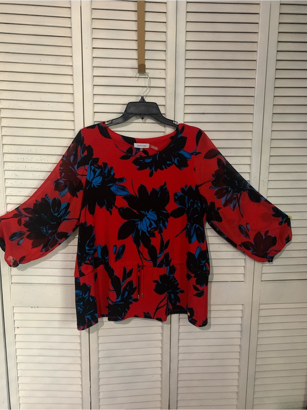 Calvin Klein Red Floral Blouse with Blue & Black Print & Drawstring Waist